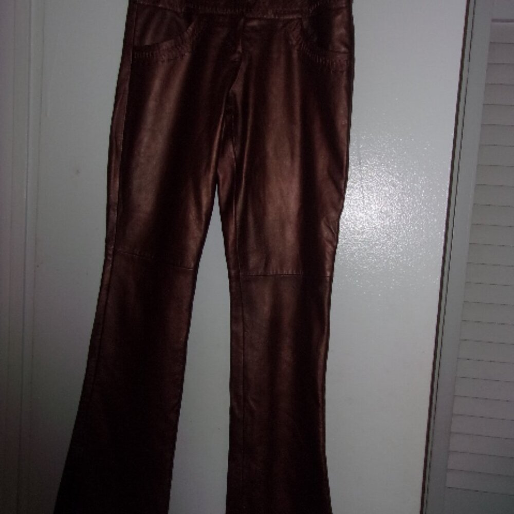 CACHE BRONZ LAMB LEATHER MID RISE PANTS 4